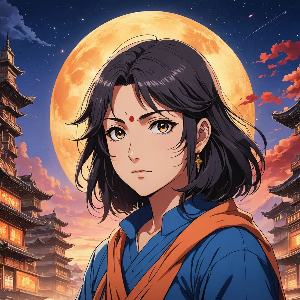 a woman in a blue shirt and orange scarf standing in front of a full moon and pagodas with a red sky, sots art, a character portrait, Ayako Rokkaku, official art