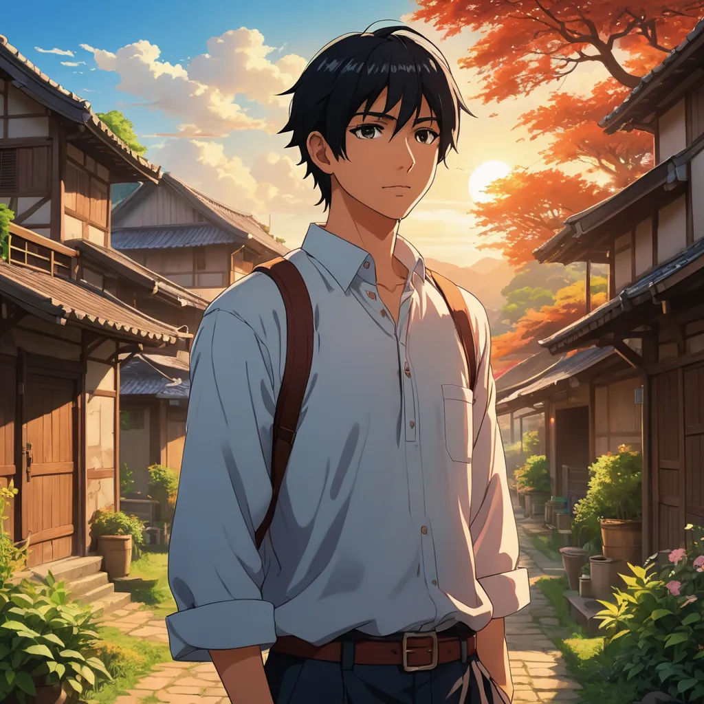 a man standing in front of a building with a backpack on his shoulder and a tree in the background, synthetism, a character portrait, Aguri Uchida, official art