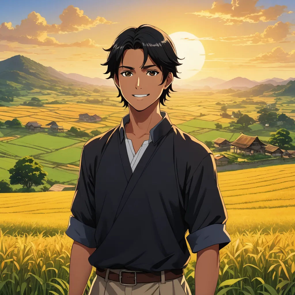 a man standing in a field of grass with a sunset in the background and a field of crops behind him, synthetism, a character portrait, Awataguchi Takamitsu, ufotable