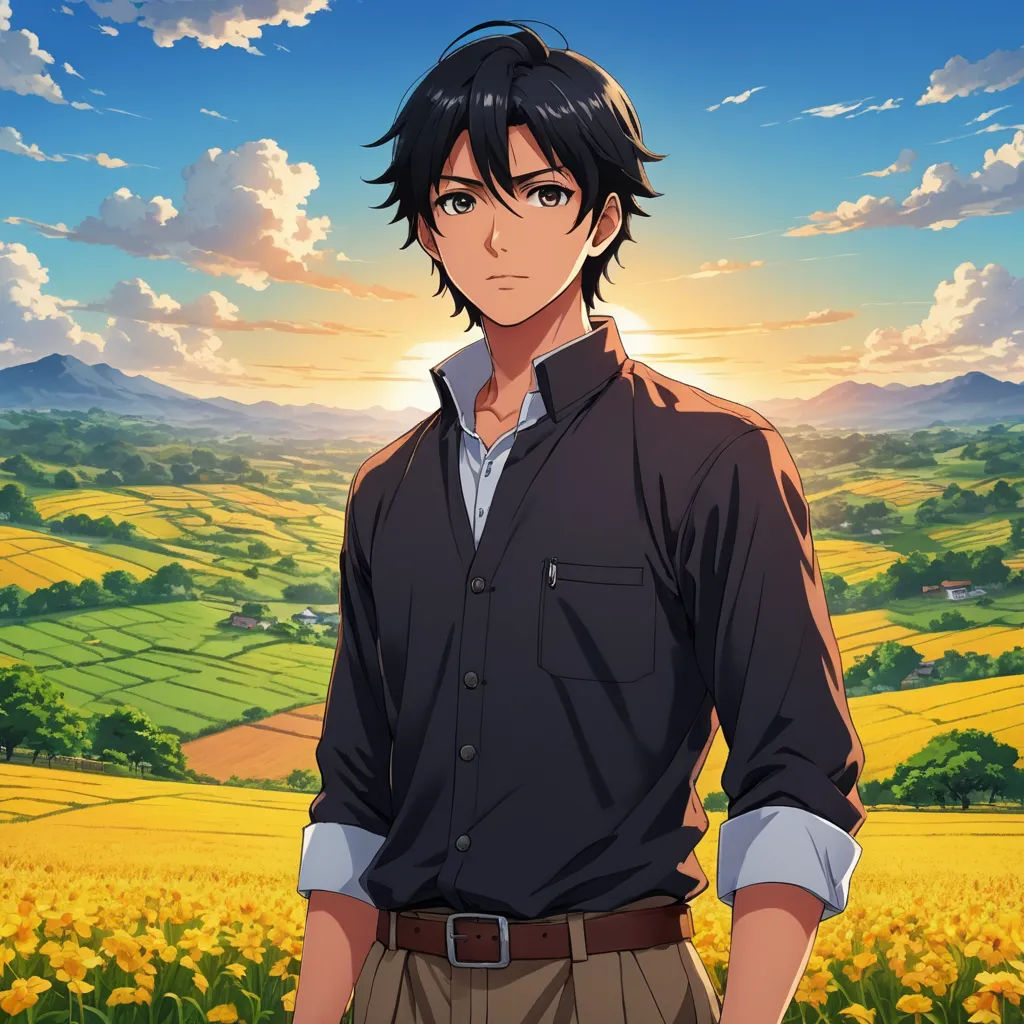 a man standing in front of a field of flowers with the sun shining behind him and a sky with clouds, color field, a character portrait, Aguri Uchida, official art