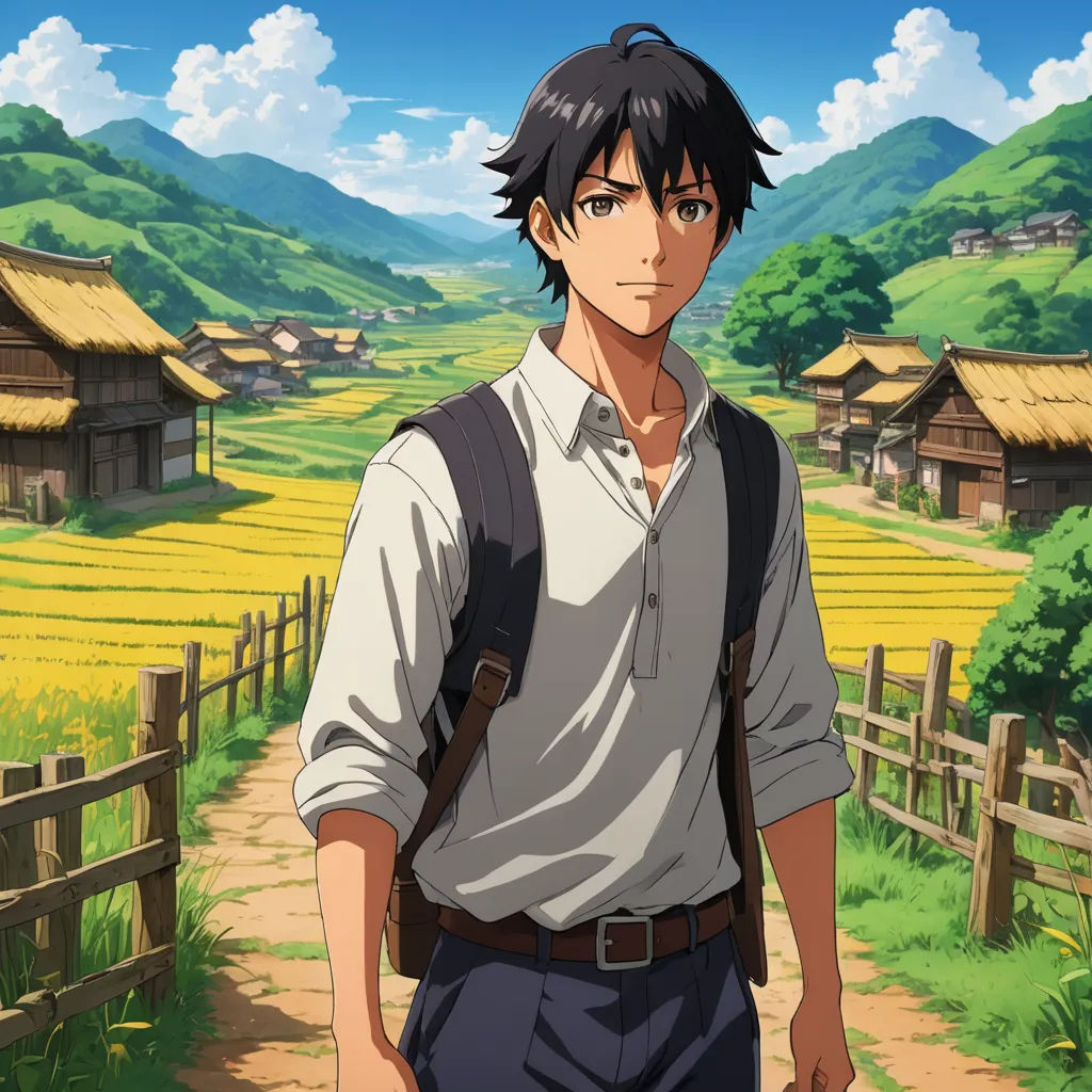 a man with a backpack walking down a path in front of a field of flowers and a village in the background, synthetism, a character portrait, Cedric Seaut (Keos Masons), ufotable