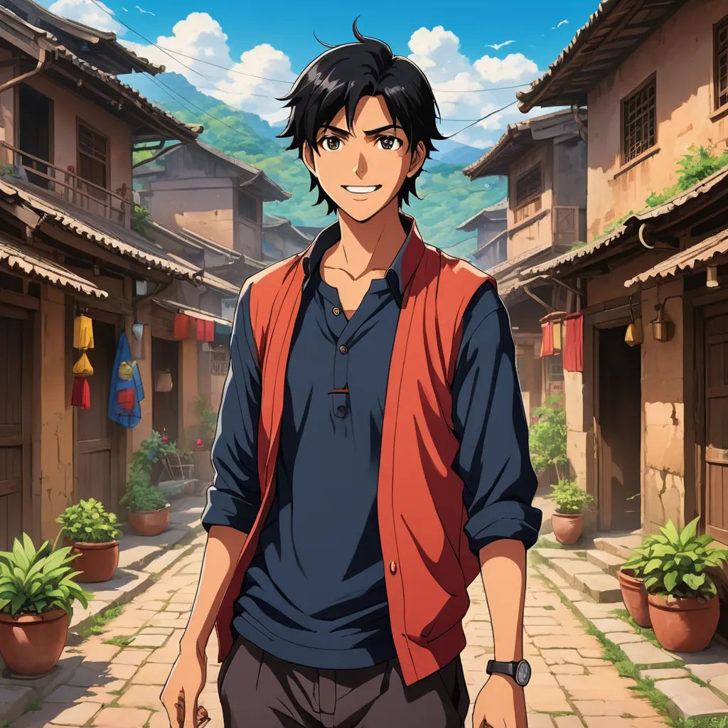 a man standing in a courtyard with a red vest on and a blue shirt on and a red vest on, aestheticism, a character portrait, Awataguchi Takamitsu, official art