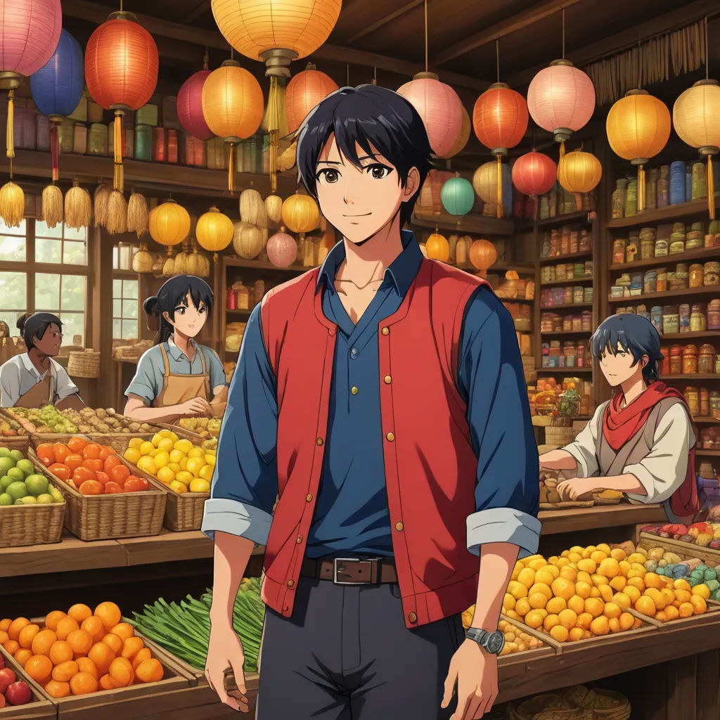 a man standing in front of a fruit stand with people in the background and lanterns hanging above him and a woman standing in front of the stand, remodernism, concept art, Baiōken Eishun, official art