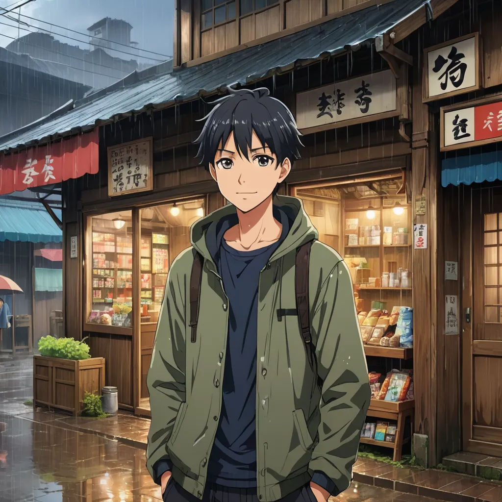 a man standing in front of a store with an umbrella over his head and a backpack on his shoulder, photorealism, concept art, Awataguchi Takamitsu, official art