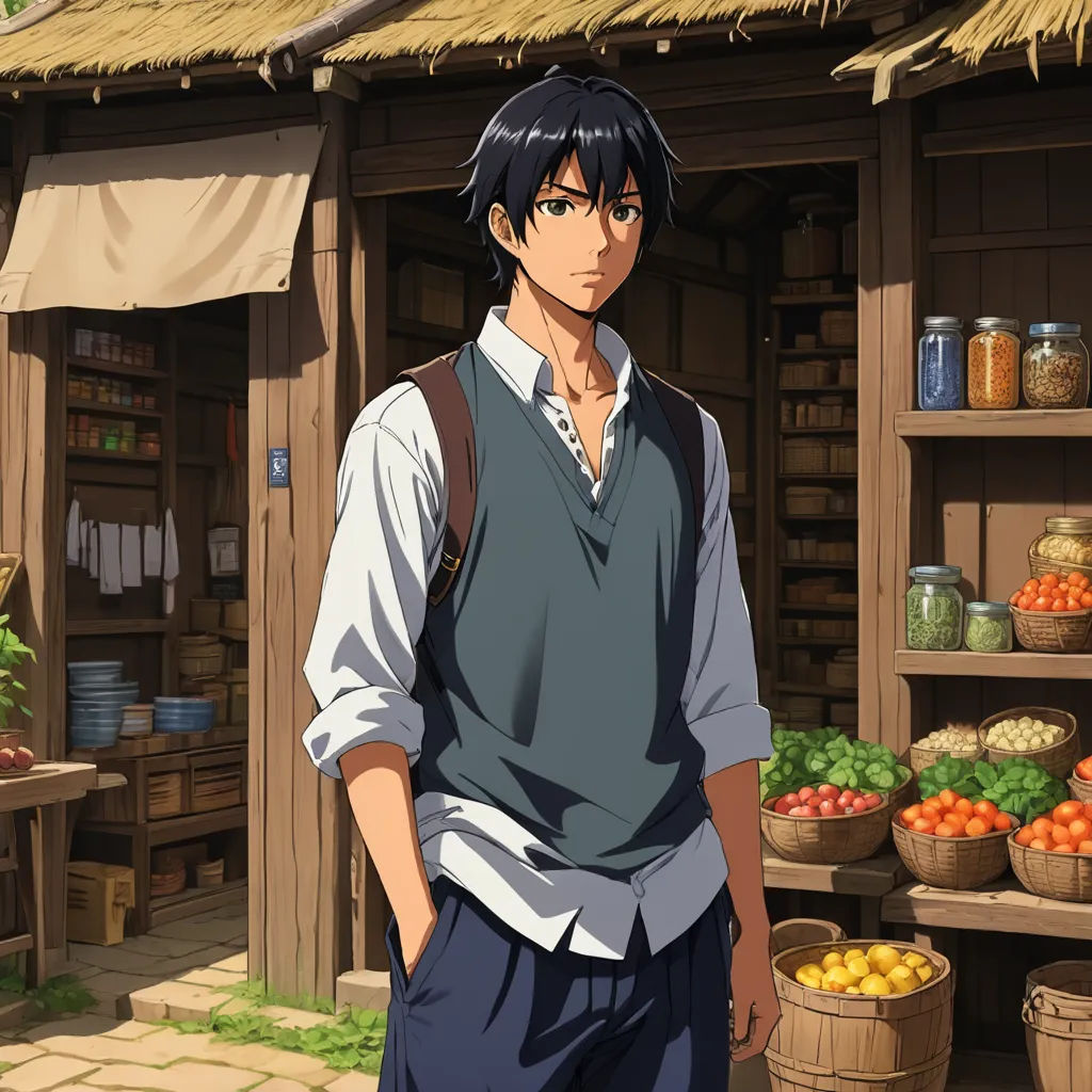 a man standing in front of a store filled with fruits and vegetables and a basket of oranges and tomatoes, synthetism, a detailed matte painting, Cedric Seaut (Keos Masons), official art