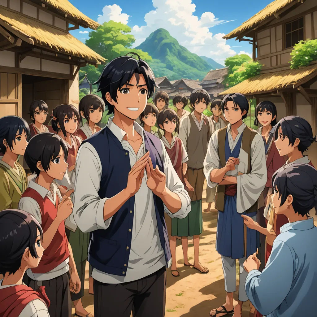 a group of people standing around each other in front of a mountain range with a sky background and a mountain, context art, concept art, Baiōken Eishun, official art