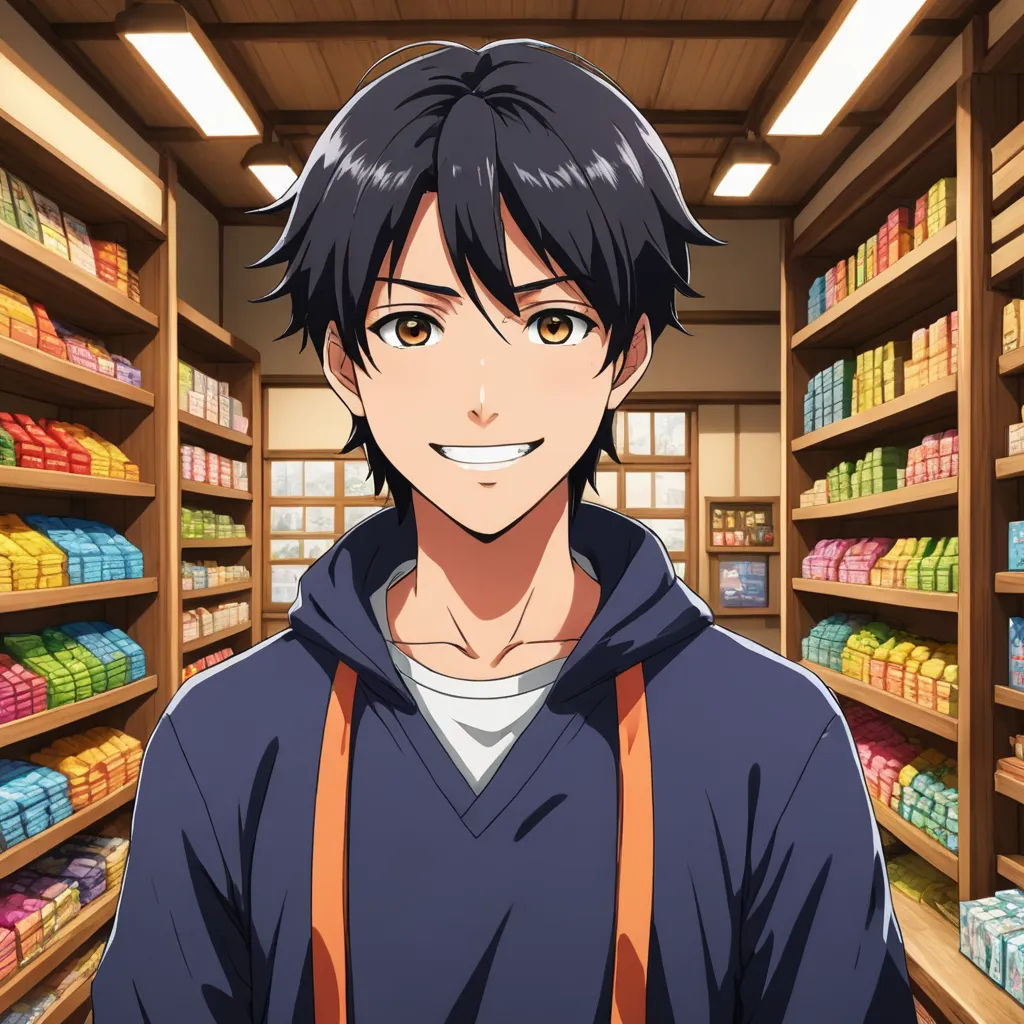 a man in a store with a backpack on his shoulder and a smile on his face, standing in front of shelves of goods, remodernism, a character portrait, Adam Manyoki, official art