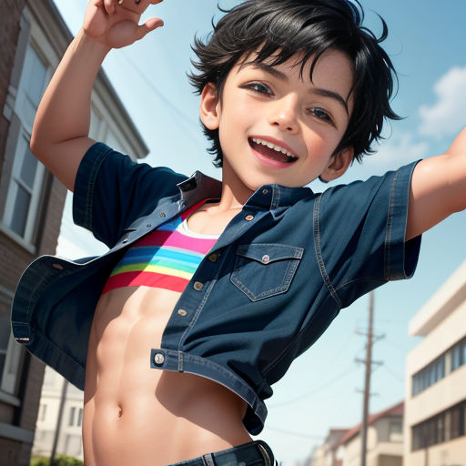 a young boy is posing for a picture in a shirt and jeans shirt with his arms up in the air