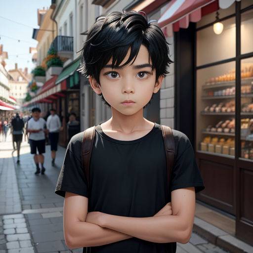a young boy standing on a sidewalk in front of a store front with his arms crossed and looking at the camera