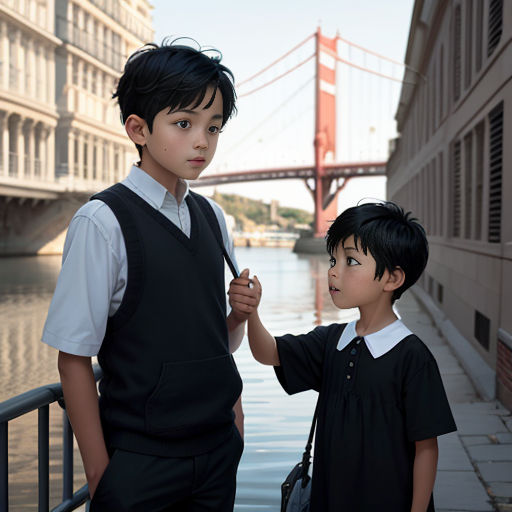 two young boys standing next to each other near a river and bridge with a bridge in the background and a bridge in the background