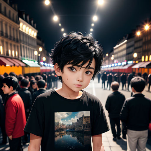 a young boy standing in front of a crowd of people on a street at night time with lights on