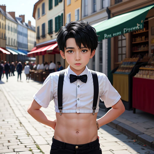 a boy in a shirt and bow tie standing in front of a street with a small crowd of people