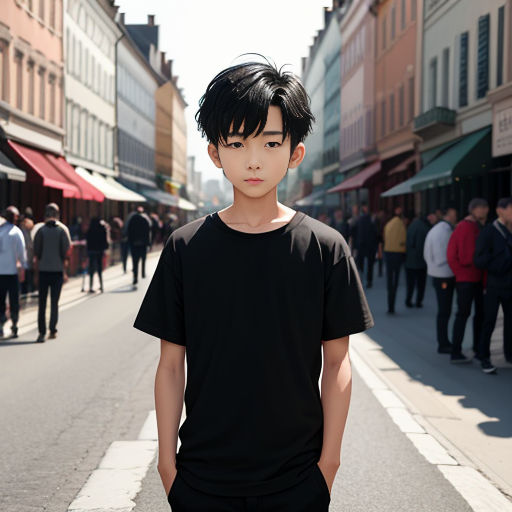 a young man standing on a street corner in a city with people walking around him and a crowd of people walking around