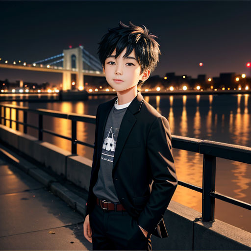 a man standing on a bridge next to a body of water at night with a bridge in the background