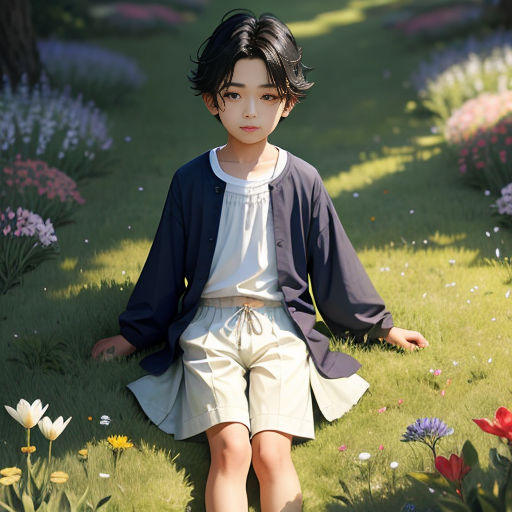 a young boy sitting in the grass with flowers around him and a tree in the background with a blue jacket on