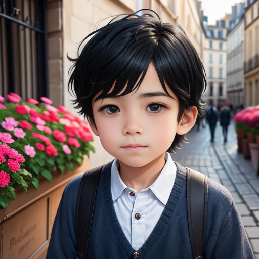 a young boy standing in front of a flower box with pink flowers in it and a man walking by