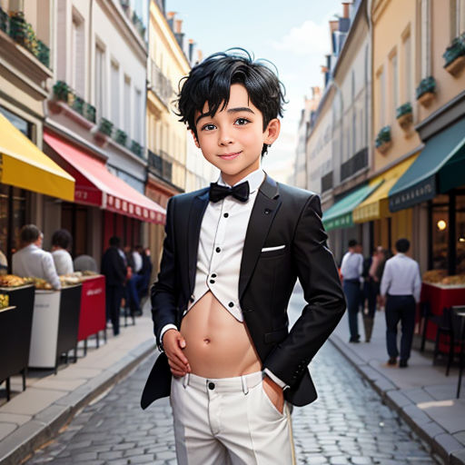 a young boy in a tuxedo standing on a street corner with his stomach exposed and his shirt unbuttoned