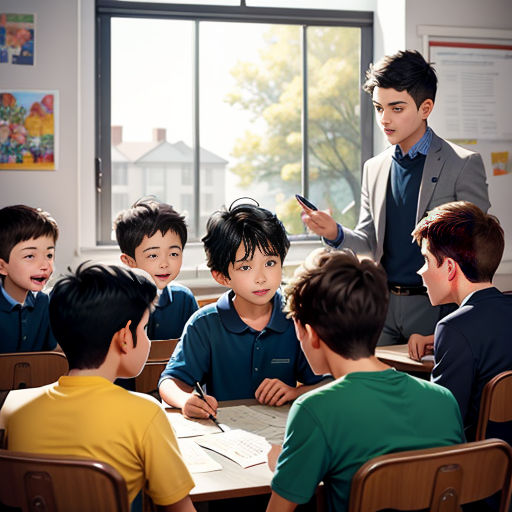 a teacher is teaching a group of children in a classroom with a laptop computer on the table and a man standing in front of the table