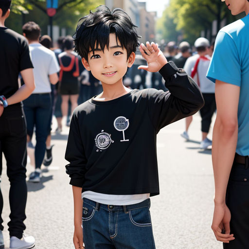 a young boy is standing in the middle of a street with his hands up to his head and a group of people walking behind him