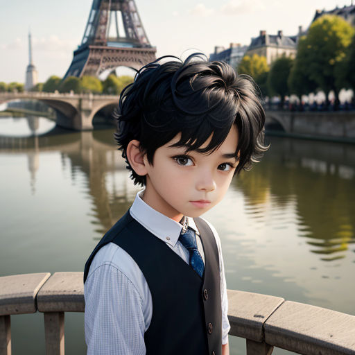 a young boy in a vest and tie standing in front of a river and the eiffel tower