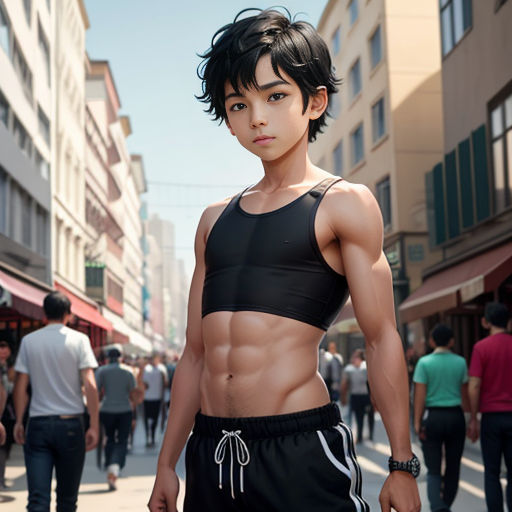a man with a shirt on standing in the street with a lot of people walking around him and a woman walking down the street