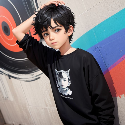 a young boy standing in front of a wall with a cat on it's shirt on his head