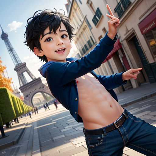 a boy with no shirt on posing for a picture in front of the eiffel tower in paris