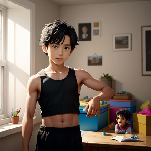 a young boy standing in front of a window next to a desk with a doll on it and a book