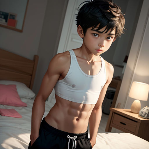 a woman in a white top standing on a bed with her shirt open and her shirt pulled back with a black tie