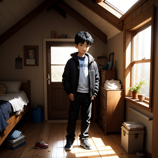 a young boy standing in a room with a bed and a window in it's corner and a wooden floor