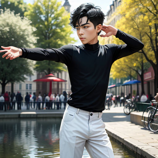 a man in a black shirt and white pants standing in front of a pond with his arms outstretched and hands out