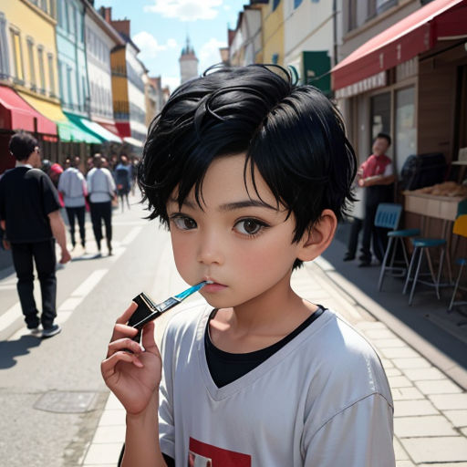 a young boy with a toothbrush in his mouth on a street corner with people walking by and a building