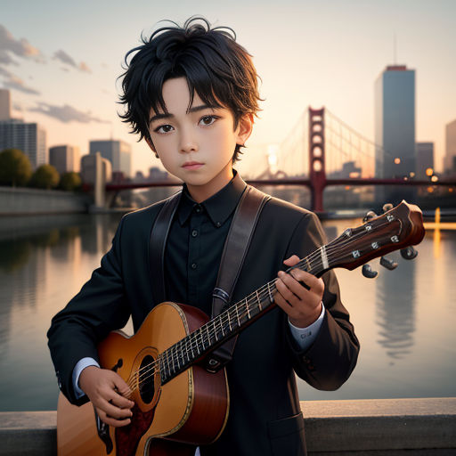 a boy in a suit holding a guitar by a river with a bridge in the background and a city skyline