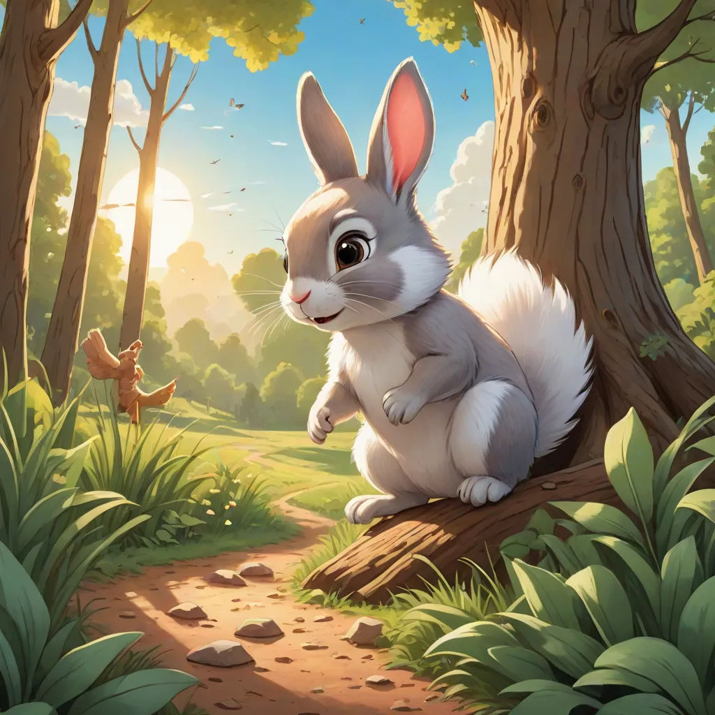 a rabbit sitting on a tree stump in a forest with a bird flying by it's side and a bird flying by its side, altermodern, a storybook illustration, Chris LaBrooy, rossdraws global illumination