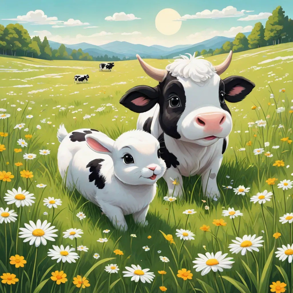 a painting of a cow and her calf in a field of daisies and daisies with a full moon in the background, pop surrealism, a storybook illustration, Chris LaBrooy, highly detailed digital painting