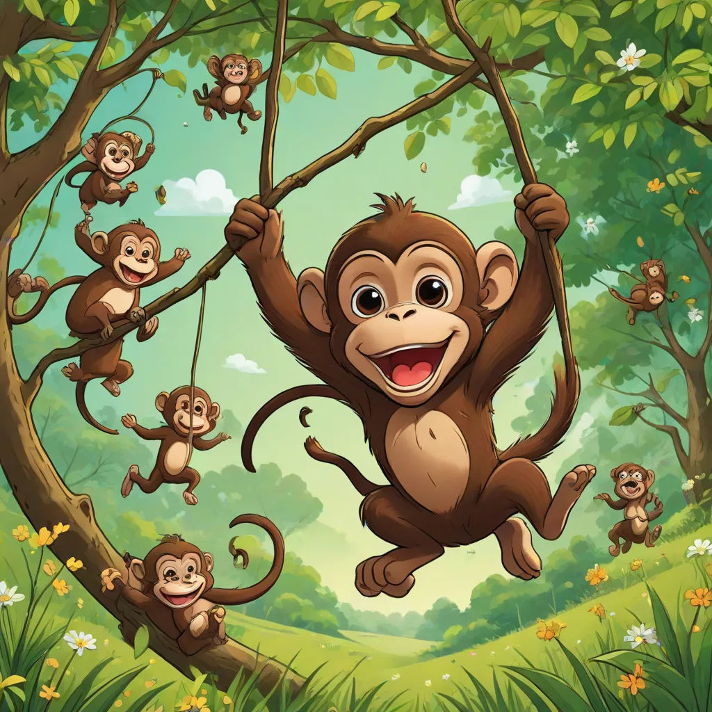 a monkey hanging from a tree with many other monkeys in the background illustration by alex krapfer, incoherents, a storybook illustration, Alex Petruk APe, furaffinity