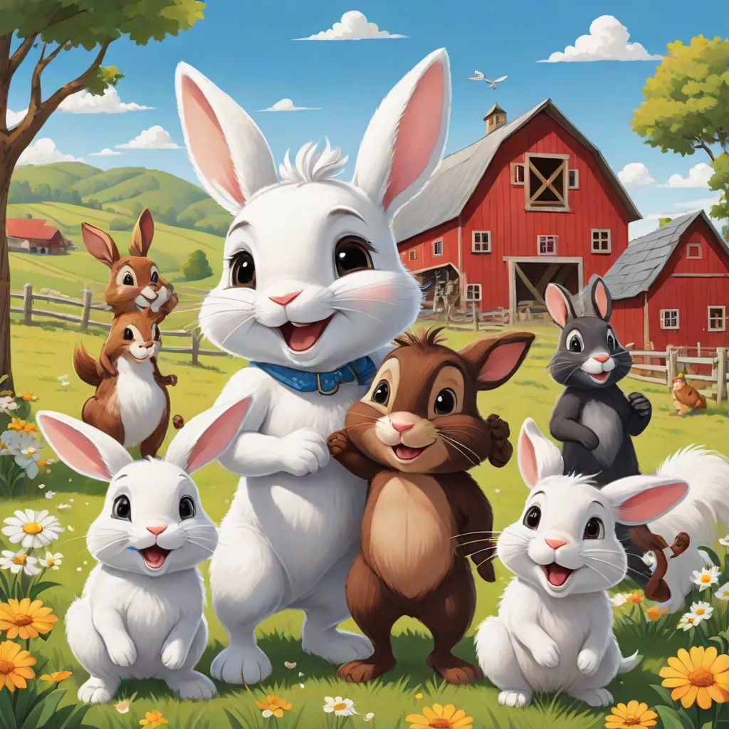 a group of rabbits standing in a field with a barn in the background and a red barn in the background, furry art, a storybook illustration, David Martin, official art