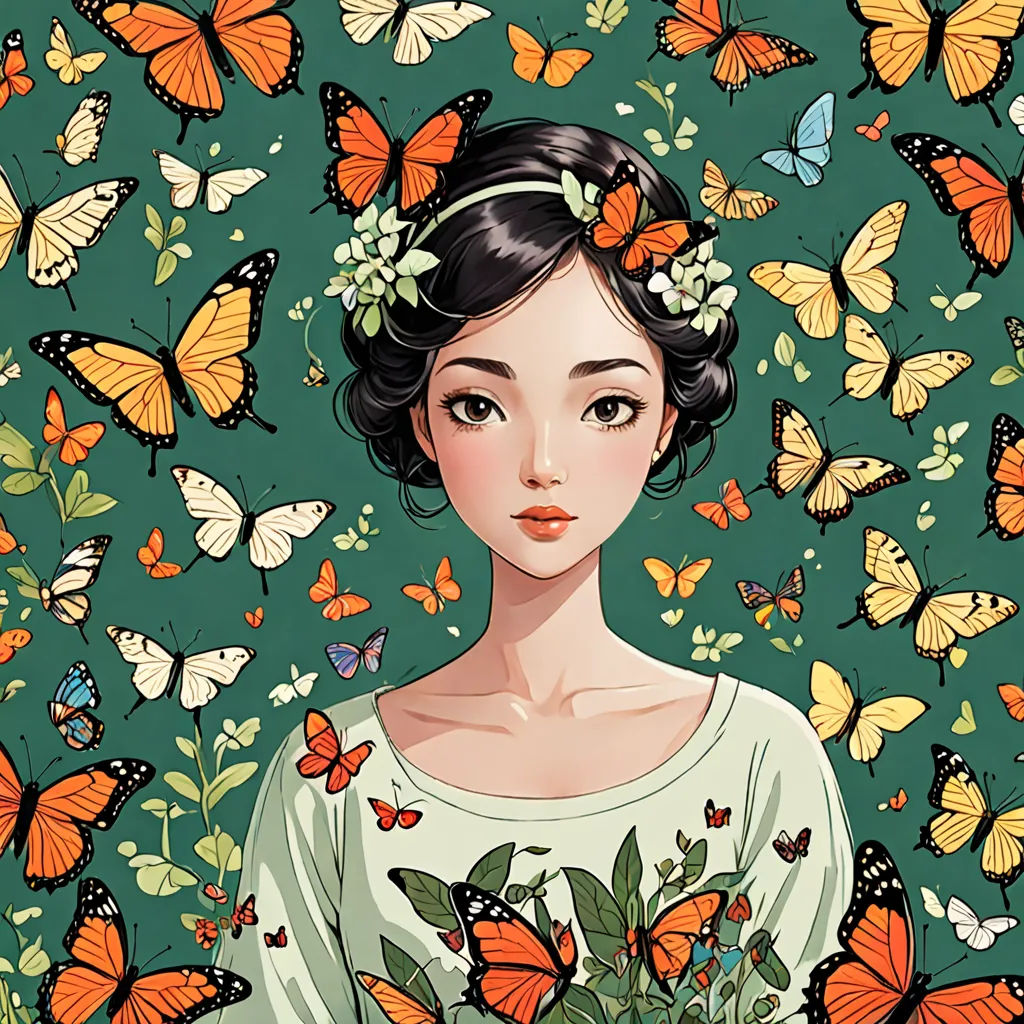 a woman with a bouquet of flowers in her hands surrounded by butterflies on a green background with a woman's face in the center, pop surrealism, a detailed drawing, Audrey Kawasaki, detailed illustration