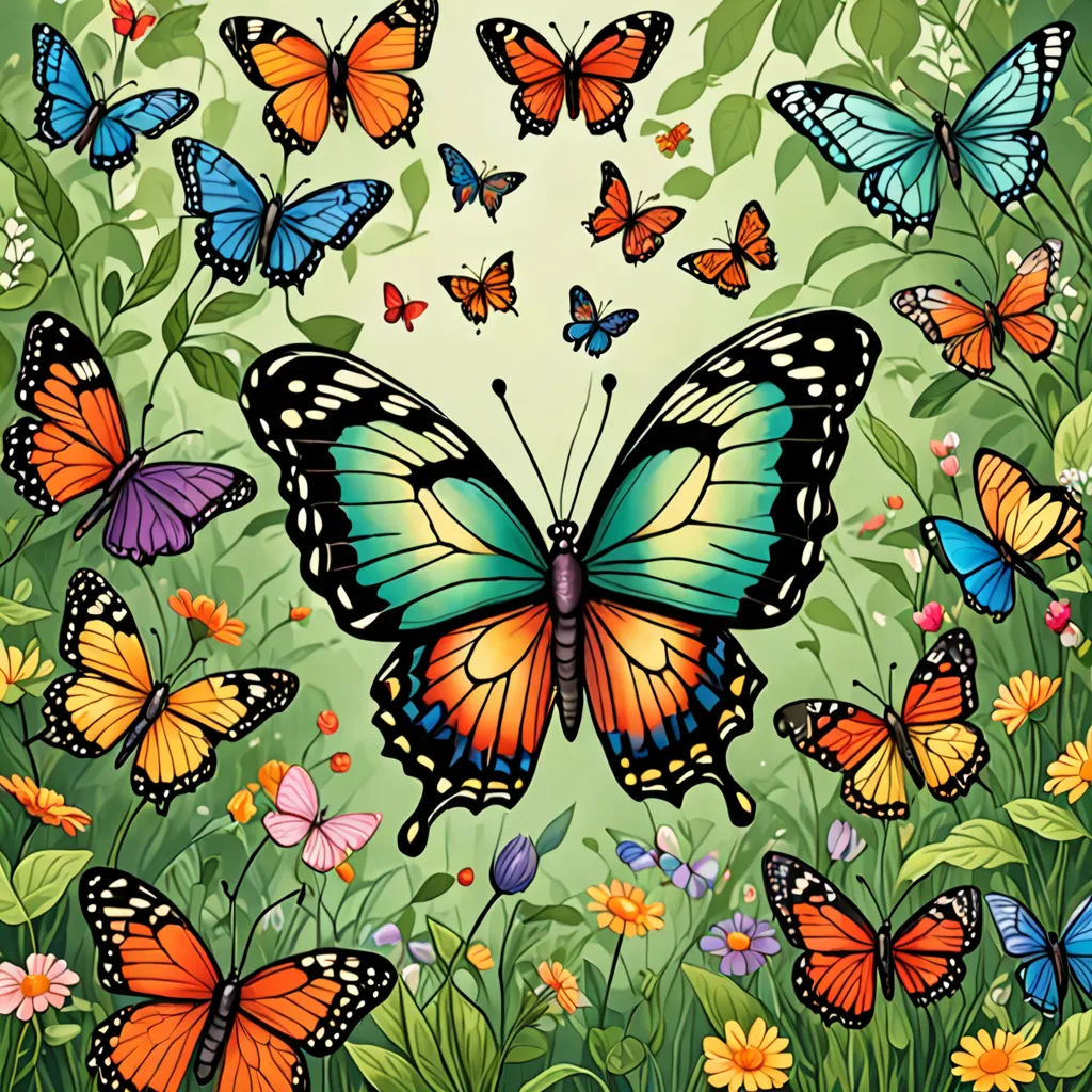a painting of a butterfly in a field of flowers and grass with butterflies flying around it, with a green background, folk art, a storybook illustration, Annabel Kidston, detailed illustration