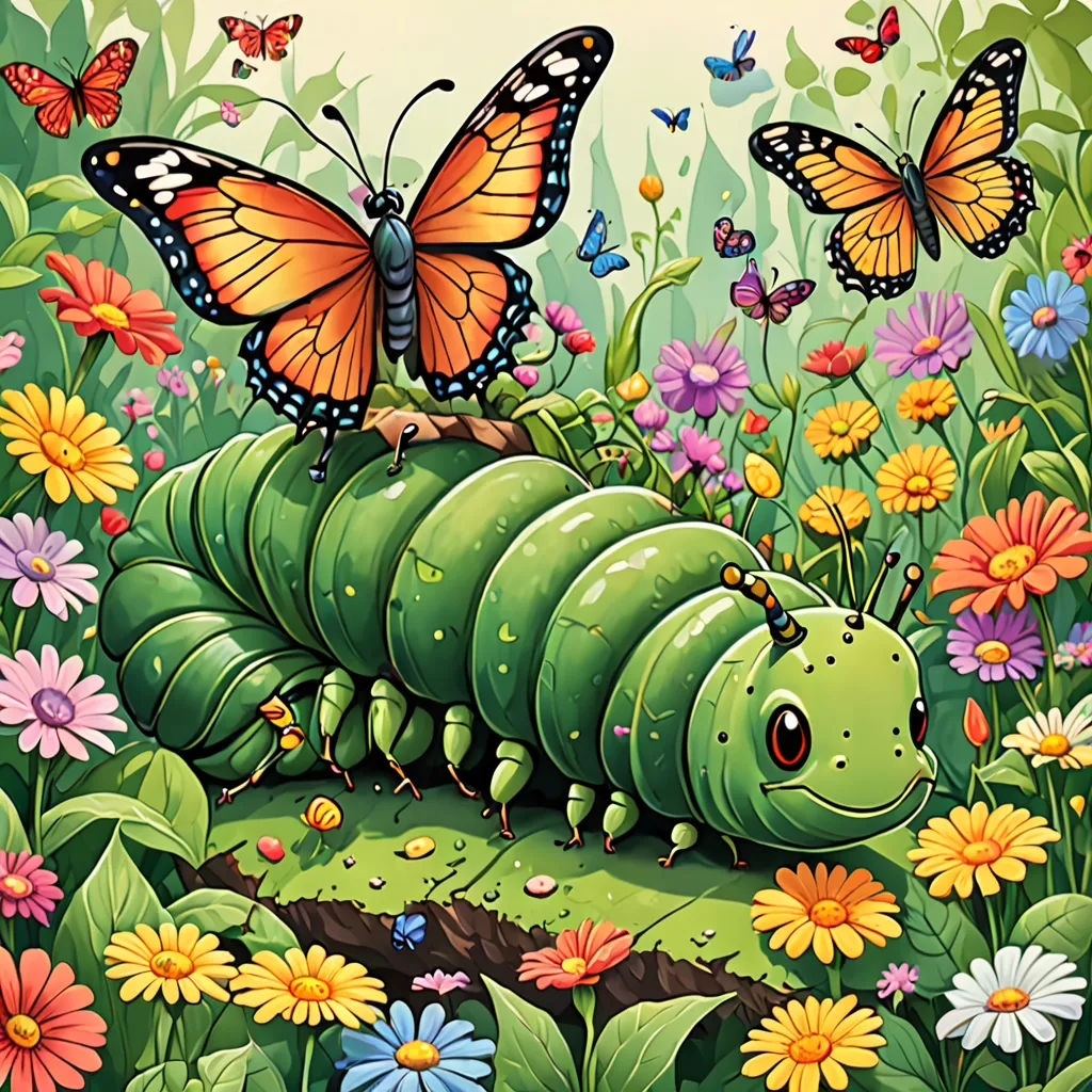 a green caterpillar with butterflies on a flowery field with daisies and daisies around it, psychedelic art, a storybook illustration, Chris LaBrooy, highly detailed digital painting