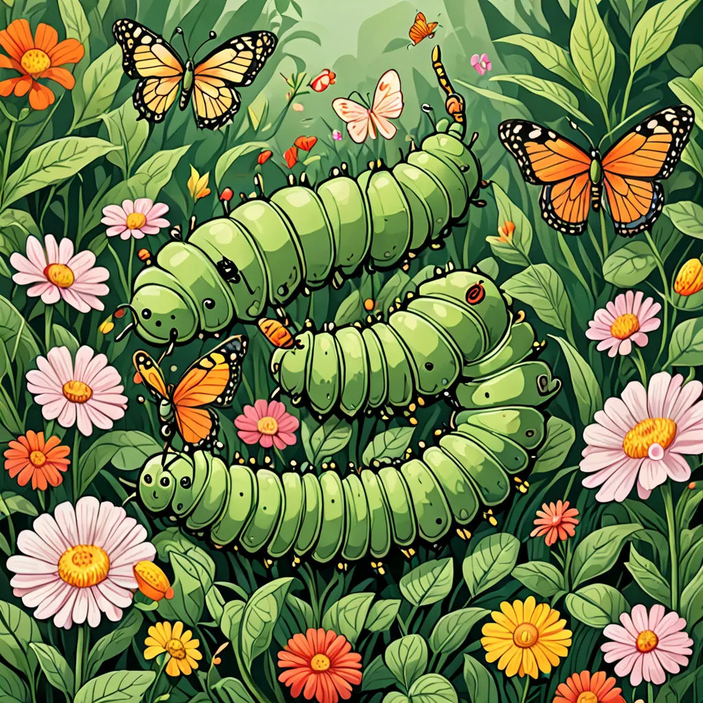 a painting of a caterpillar surrounded by flowers and butterflies in a field of grass and flowers with butterflies, psychedelic art, a storybook illustration, Chris LaBrooy, detailed illustration