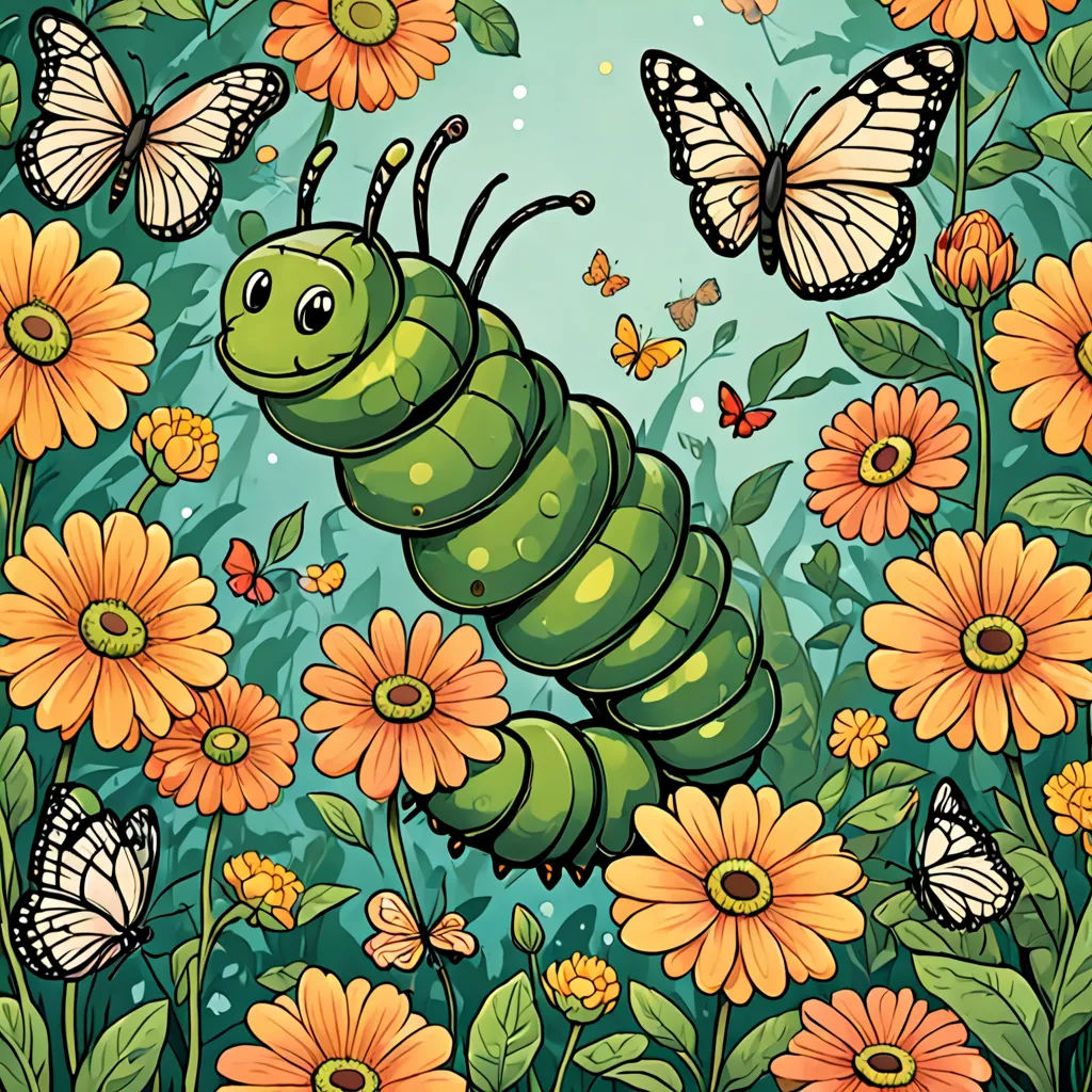 a green caterpillar surrounded by flowers and butterflies with butterflies flying around it on a blue background with a green border, ecological art, a storybook illustration, Chris LaBrooy, detailed illustration