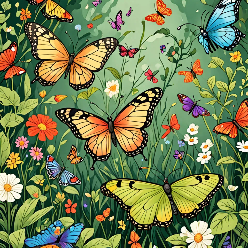 a painting of butterflies flying over a field of flowers and grass with a full moon in the background and a full moon in the sky, naturalism, a storybook illustration, Annabel Kidston, highly detailed digital painting