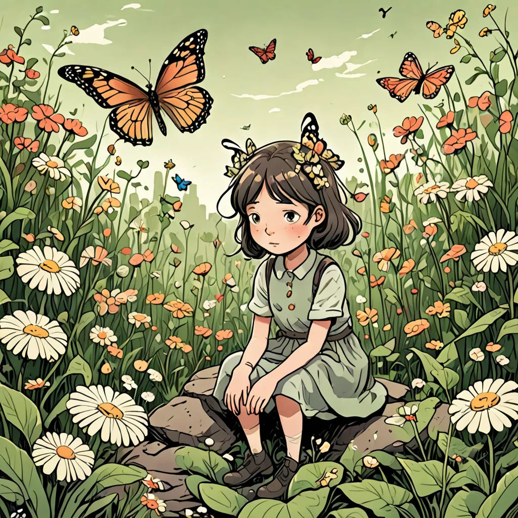 a girl sitting on a rock in a field of flowers and butterflies with a butterfly flying above her head, pop surrealism, a storybook illustration, Farel Dalrymple, storybook illustration