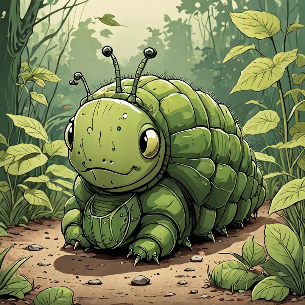 a green bug sitting on top of a dirt ground next to green leaves and plants on a forest floor, sots art, a character portrait, Chris LaBrooy, storybook illustration