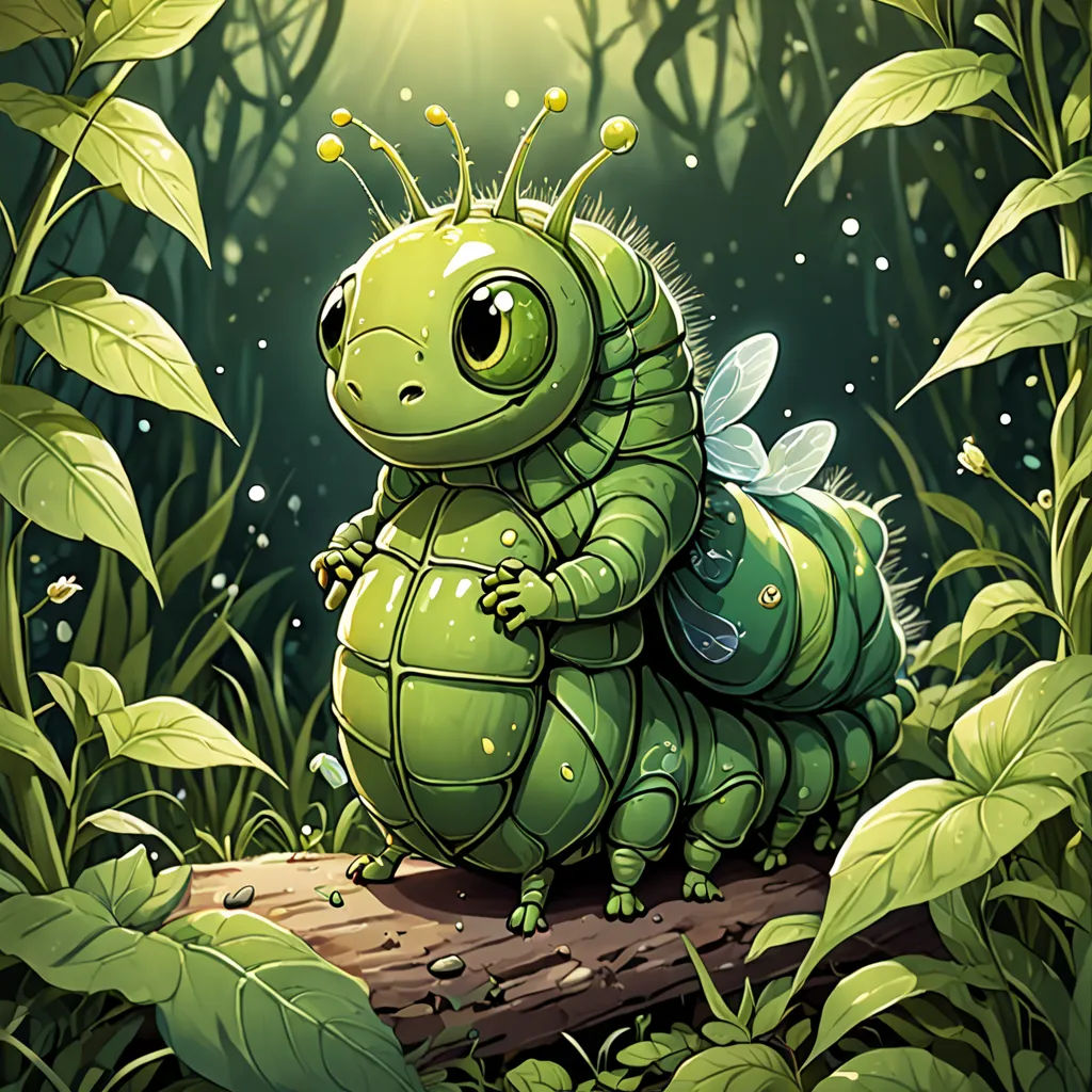 a green caterpillar sitting on a log in the middle of a forest with leaves and grass around it, fantasy art, a character portrait, Brom, game art