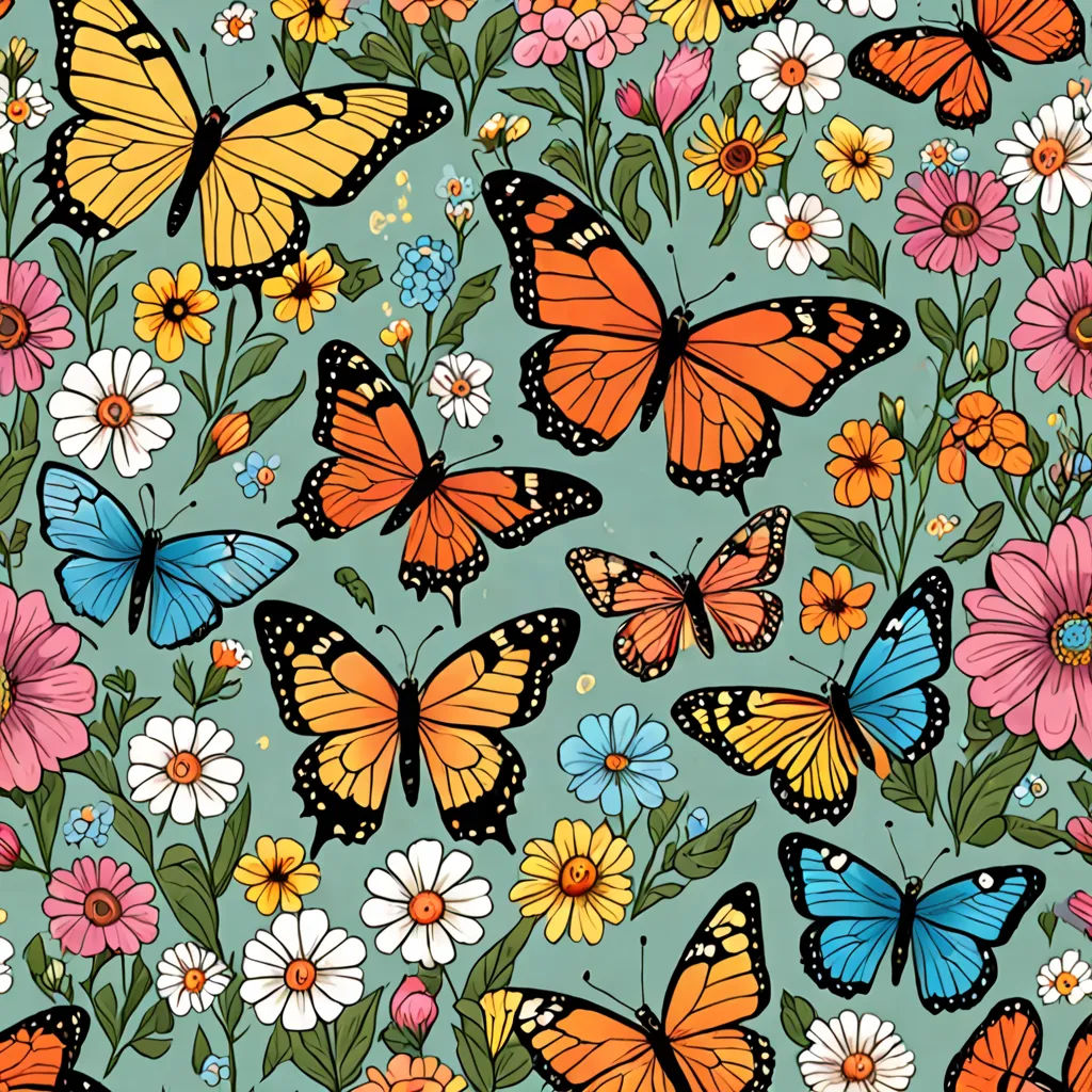 a bunch of butterflies and flowers on a blue background with a white border and a pink, yellow, and blue border, folk art, a storybook illustration, Annabel Kidston, flowers