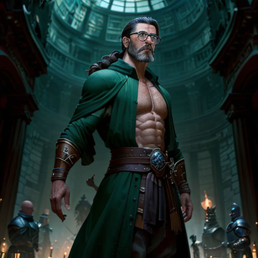 a man in a green cape standing in a room with other men in armor and armor around him,