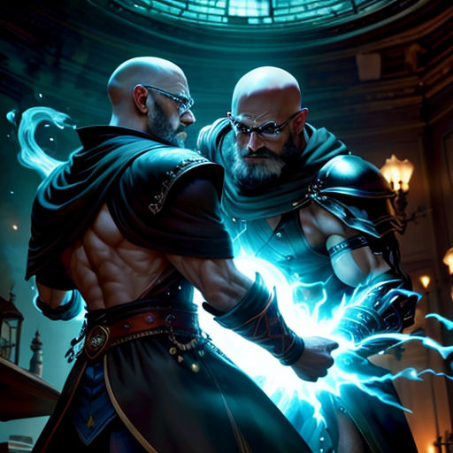 two men in a dark room with a clock in the background and a lightening effect on the wall