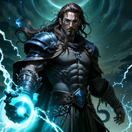 a man in armor holding a glowing orb in his hand and lightning behind him, with a blue ring in his hand